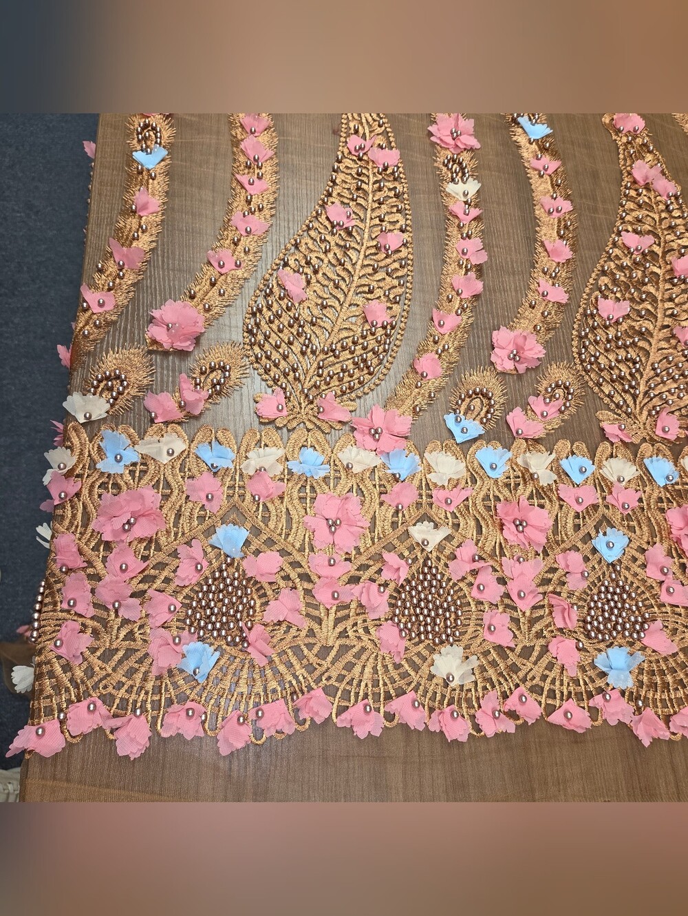 Unbranded Luxury Fabric Beaded Embroidered Mesh Lace Rose Gold Pink Blue 120×50"